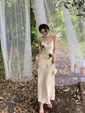 Fashion Backless Summer Sleeveless Midi Dresses Women 2023 Beige Tunics V Neck Floral Patch Slip Spaghetti Strap Maxi
