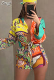 Pieces Set Sexy Summer Autumn Fashion Women Set 2023 Female Tops Floral Print Long Sleeve Shirt And Elastic Waist Shorts