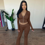 Zingj Style New Zip Long Sleeve Hooded Top High Waist Horn Trousers Fashion Two-Piece Suit