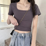 Zingj Short T-Shirt Female Solid Color 2024 New High Waist Slim Show Thin Hot Girl All-Match Short-Sleeved Square Collar Top