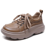 Layer Cowhed Thick Sole Casual Single Shoe Women 2025 Spring New Soft Bottom Round Head Tie Comfortable Women