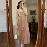 Korean Sweater Knitting Bandage Woman Dress Patchwork Lace Two-piece Suit Maxi Dresses for Women Party Autumn 2023
