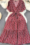 Women Floarl Dress Vintage V-Neck Short Sleeve Printed A-Line Elegant Midi Vestidos Female Casual Robe Bohemian 2023