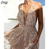 Glitter Sequined Sexy Women Party Dress Sleeveless V Neck Backless Double Layer Club Wear Female Shiny Solid