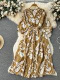 Women Vintage Printed Dress Elegant V-Neck Puff Sleeve High Waist A-Line Midi Robe Female Vacation Beach Vestidos