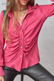 Spring Clothing Loose Tops Blouse Pleated Shirt Fashion Office Lady Long Sleeve Women Solid Cardigan Elegant New