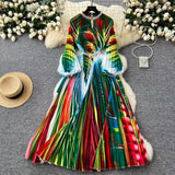 Elegant Dress Women Fashion Nail Ball Collar Hollow Pressure Folding Lantern Sleeves To Print Long