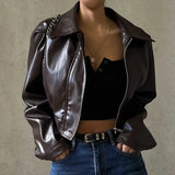 Zingj Women's Fall 2023 New Vintage Temperament Lapel Zipper PU Leather Casual Jacket