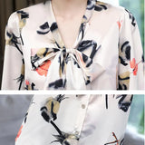 Silk Blouses Women Satin Print Blouse Women Long Sleeve Shirts Woman V-neck Silk Blouses Ladies Floral Blouse for