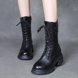 Layer Of Cowhide English Wind In The Wind Boots Women Autumn And Winter New Round Head With Thick Base Martin Boots Plus Cotton