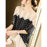 Lace Summer Print Blouse Loose Women Hollow Crochet Splice Sexy Shirt Lady Casual Short Sleeve O Neck Tops Female