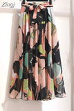 Women Summer Floral Print Chiffon Girls Spring Korean A-Line High Waist Ladies Elegant Office Holiday Midi