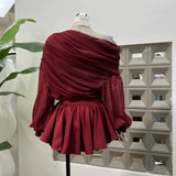 Sweet Temperament Design Folded Micro-Perchee Shoulder Irregular Top + Ultra-Short Trousers