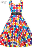 Women Polka Dot Print Summer Dress Sexy Retro White Halter Vintage Dress Robe Femme Pin Up Rockabilly Party