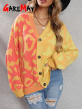 Winter Pink Leopard Print Cardigan Women Knitted Sweater V-neck Female 2023 Loose Button Coat Warm Cardigan for