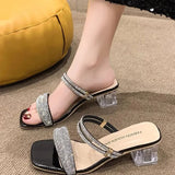 Large Size Thick Heel Medium Heel Two Wear Sandals Female 24 Years New High Heels Fashion Rhinestone Crystal One Word