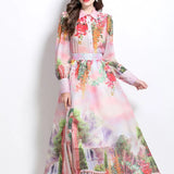 Senior Sense Printing Set Of Lantern Cuffed Shirt High Waist Swing Skirt Two