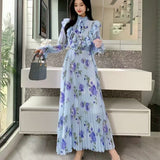 2025 New Long-Sleeved Heavyweight Bow Long Print Chiffon Sweet Dress Seaside