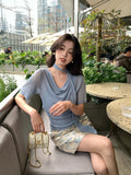 Xixi 2025 Summer New Korean Style Elegant Solid Color Collar Short Sleeve Bottom Shirt T-Shirt Top Women