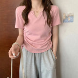 Zingj Sense V-Neck Draw Rope Slim Pure Desire Wind Short Sleeve T-Shirt Women's Wear 2024 Summer New Solid Color Student Jacket