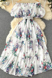 Bohemian Floral Chiffon Long Dress Women Sexy Off Shoulder Ruffle Puff Short Sleeve High Waist A-Line Big Swing