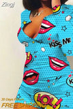 Women V-neck Bodycon Sleepwear Jumpsuit Bodysuit Shorts Romper Bodysuit Leotard Long Sleeve Lips Print Button