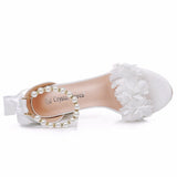 Cm White Flowers Thick Heel Sandals Shallow Word With Square Fish Mouth Sandals White Beads Drifted