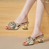 Word Drag Flower Decoration Coarse And Cool Slippers Women's Summer Fashion Tadge Height And Korean Version Of The Square Head Women's