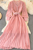Embroidered Pleated Long Dress Vintage V-Neck Lantern Sleeve High Waist Draped Maxi Vestidos Female 2023