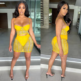 Women Sexy Mesh Patchwork Bodycon 2 Piece Ruched Dress Set Spaghetti Strap Crop Top Summer Mini Skirt Suits Solid