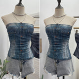 Shooting Denimed Tie-Dye Printing Mesh Yarn Tectar Tset With Chest Cushion Anti-Slip Vest Short Top