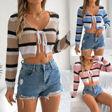 Summer Hollow Hit Striped With Long-Sleeved Umbilked Knitted