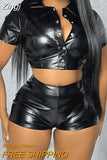 2 Piece Set PU Leather Clubwear Bodycon For Women Short Sleeve Crop Top And Shorts Sets Outfits for Women Spring