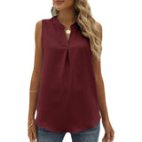 Solid Color Chiffon Leisure Shirt Loose V-neck Pullover Sleeveless Top