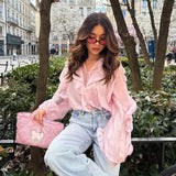 High-End Design Pure Color Temperament Chiffon Lotus Side Zipper Top With Comfortable Loose Long-Sleeved