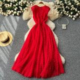 Famous French High-End Women V Lead Heavy Industry Folding Net Yarn Waist Fluffy Cake Dress