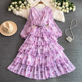 Autumn New Long-Sleeved Print Chiffon Dress Sweet Temperament Holiday Waist Thin Cake Dress Dress