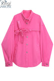 Women's Denim Jackets Fashion Spring Female Harajuku Casual Long Sleeve Pink Bow Polo-Neck Button Pocket Loose Jean Jacket