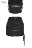 Fashion Silky Concise Two Piece Set Women Sleeveless Skinny Vest+Drawstring Hip Skirt Lady Vacation Clubwear