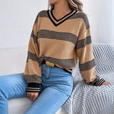Shooting 2025 Autumn And Winter V-Necked Striped Striped Lantern Long-Sleeved Jacket Sweater Women's