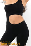Women Sexy Hollow Out Yoga Romper Y2K Casual Cutout Front Sleeveless Bodysuit Jumpsuits Biker Clubwear One Piece