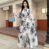 French Temperament Bow Mid-Long Retro Print Temperament Chiffon Dress