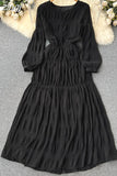 Autumn Women Draped Chiffin Dress Femael Vintage Round Neck Puff Long Sleeve High Waist A-Line Loose Pleated Robe