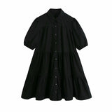 New Lapel Button Solid Color Wide Pendulum Cotton Dress