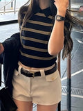 Lesier Striped Knitted Short-Sleeved T-Shirt Niche Gentle High Wisdom To Reduce The Sense Of POLO Collar Blouse Woman