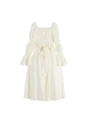 Autumn New Women's Dress French Vintage Sweet Style Hollow-Out Bow Lace-Up Square Collar Puff Sleeve Ladies Long