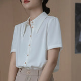 Women's Shirts Summer Pointed Neck Shirt Fashion Silk White Shirt Short Sleeve Blouse Womens Tops Elegant Female