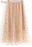 Layers Mesh Sweet Dot Pleated Skirt Women Solid Elastic Waist Spring Summer Elegant Office Ladies Long Skirts Casual