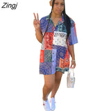 Fashion Women Summer Bandana Print Tshirt Mini Dress Sexy Short Sleeve Blouse Turn-Down Neck Casual