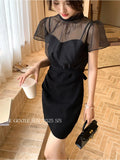 Xixi 2025 Summer New Korean Version Of Short Mesh Hoodie + Sling Dress Two Sets Of Women